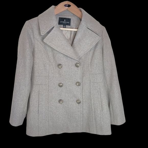 London Fog Wool Pea Coat Double Breast Notch Collar Sz L in Oatmeal Tan - Picture 2 of 15